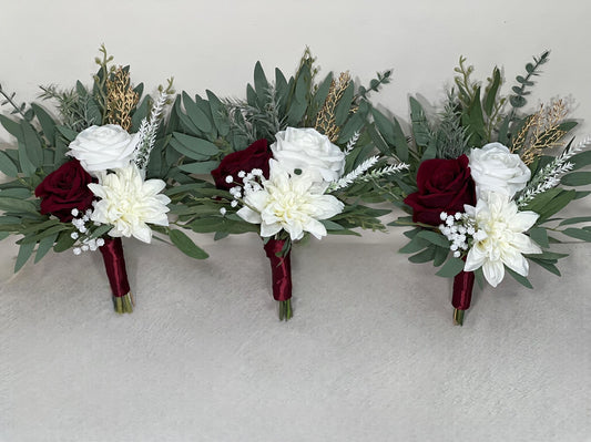 White Burgundy Winter Bouquet Small Bridesmaids Petite Christmas Bouquet Eucalyptus Holiday Ivory Wine Red Baby Breath Artificial Flowers