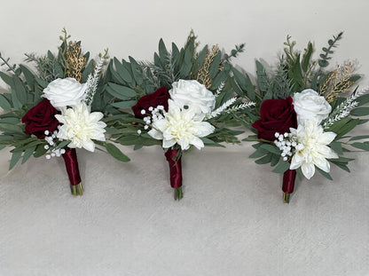 Wedding Bouquet Burgundy Bridal Red Rustic Bouquet Burgundy Bridesmaids White Christmas Bouquet Eucalyptus Dahlia Ivory Artificial Flowers