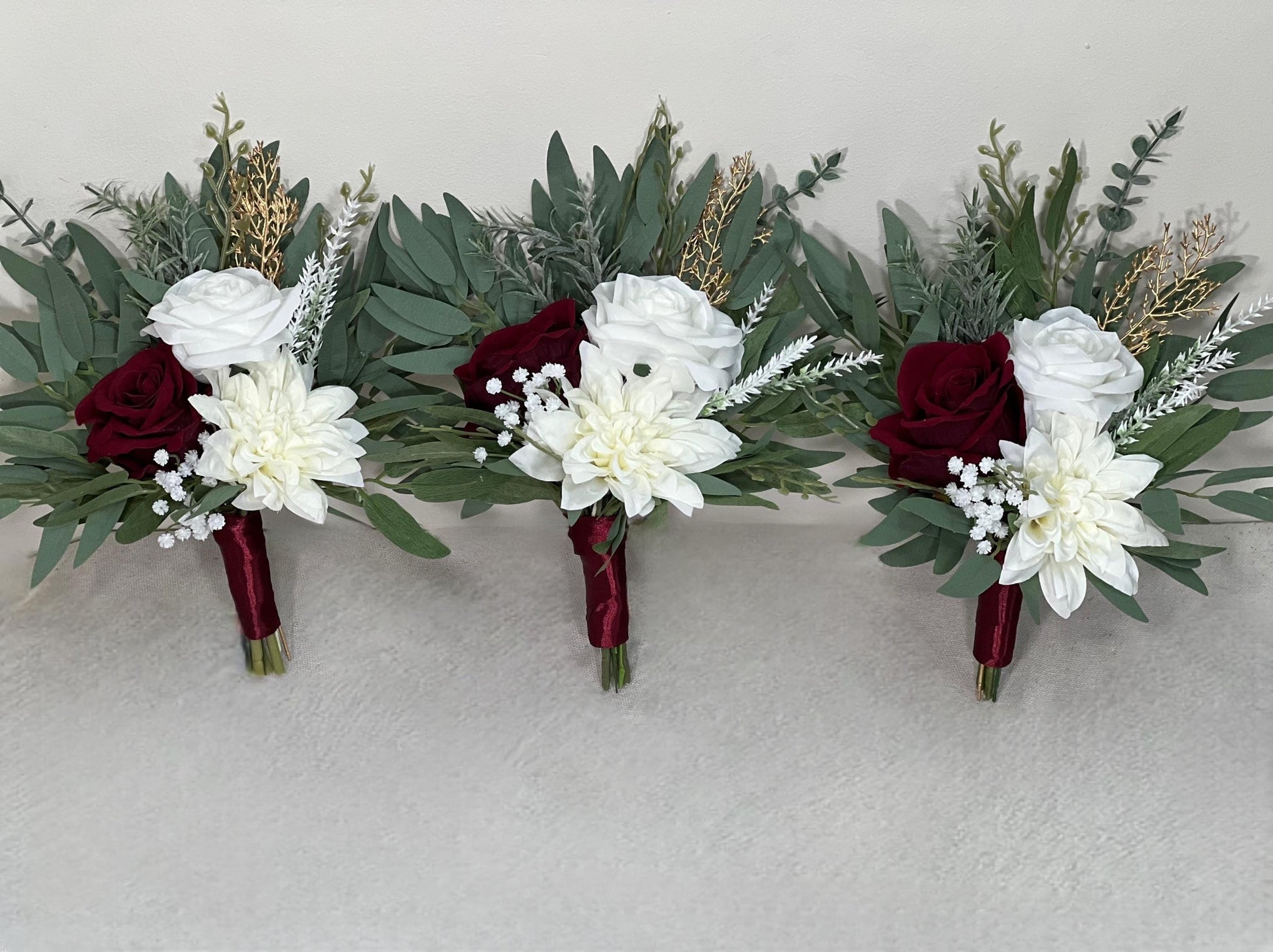 Wedding Bouquet Burgundy Bridal Red Rustic Bouquet Burgundy Bridesmaids White Christmas Bouquet Eucalyptus Dahlia Ivory Artificial Flowers