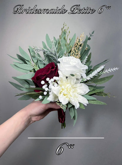 White Burgundy Winter Bouquet Small Bridesmaids Petite Christmas Bouquet Eucalyptus Holiday Ivory Wine Red Baby Breath Artificial Flowers