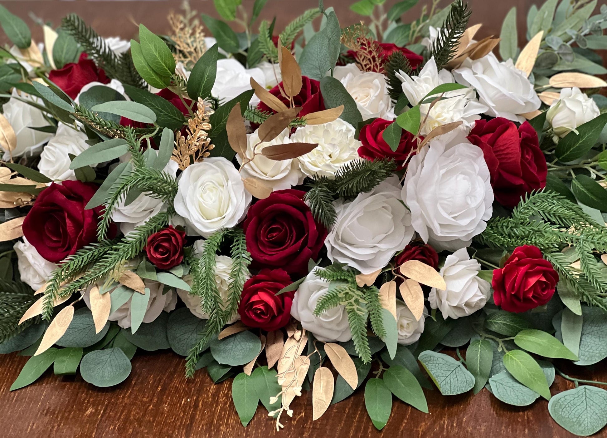 Christmas Centerpiece Wedding White Red Table Decor Arrangement Pine Cone Sweetheart Winter Ivory Gold Pine Tree Dark Red Artificial