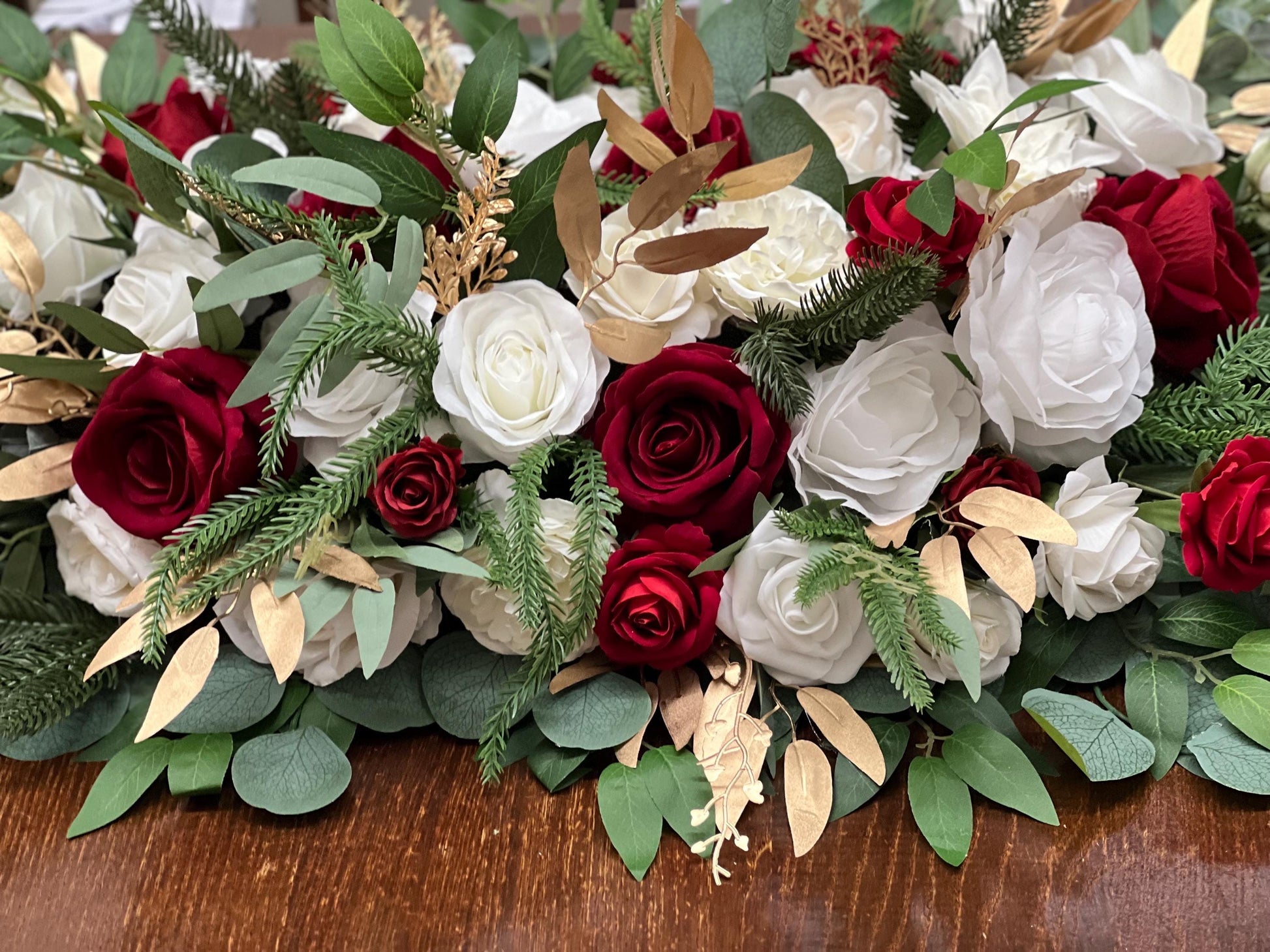 Christmas Centerpiece Wedding White Red Table Decor Arrangement Pine Cone Sweetheart Winter Ivory Gold Pine Tree Dark Red Artificial