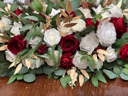 Christmas Centerpiece Wedding White Red Table Decor Arrangement Pine Cone Sweetheart Winter Ivory Gold Pine Tree Dark Red Artificial