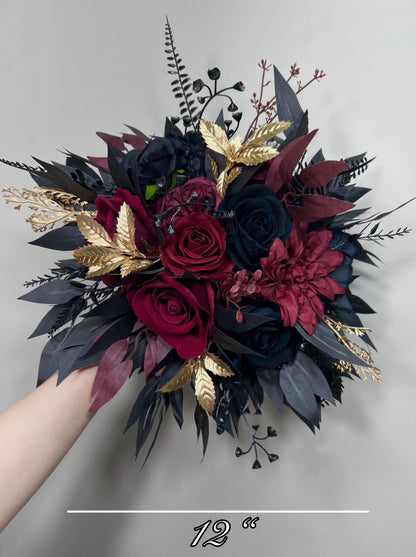 Black Bouquet Cascade Burgundy Bridal Gothic Halloween Cascading Bouquet Black Decor Burgundy Gold Artificial Flower Bridesmaids Black