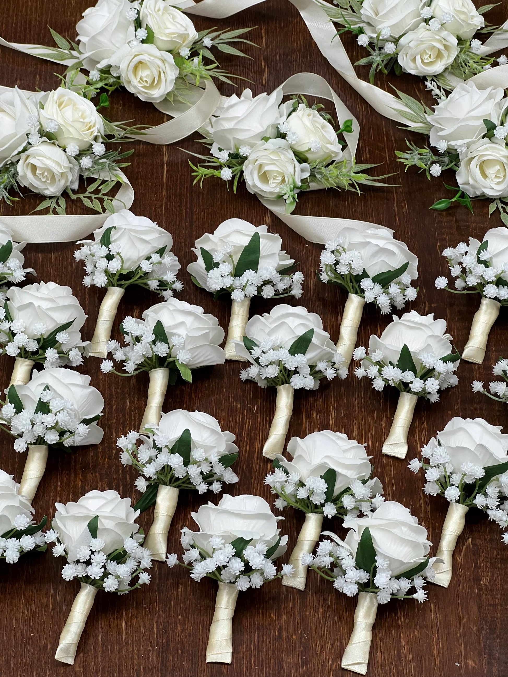 White Boutonniere Wedding Groom Boutonnière Baby Breath White Rose Groomsmen Rustic Boutonnières Prom Ivory Classic Artificial Flowers