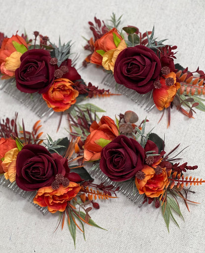 Burgundy Terracotta Hair Comb Burnt Orange Artificial Flowers Rustic Hair Accessories Bridal Rust Wine Red Fall Hair Comb Maroon Eucalyptus