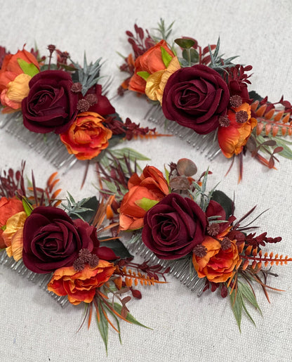 Burgundy Terracotta Hair Comb Burnt Orange Artificial Flowers Rustic Hair Accessories Bridal Rust Wine Red Fall Hair Comb Maroon Eucalyptus