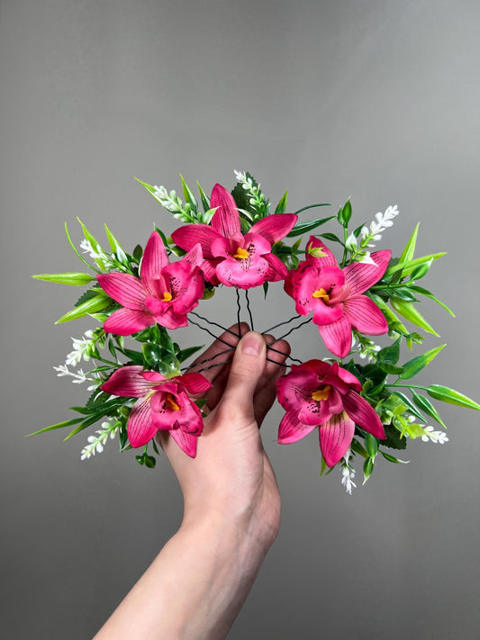 Hot Pink Hair Pin Orhcid Wedding Hair Accessories Tropical Beach Fuchsia Orhcid Bridal Bridesmaids Hair Pin Artiticial Flowers