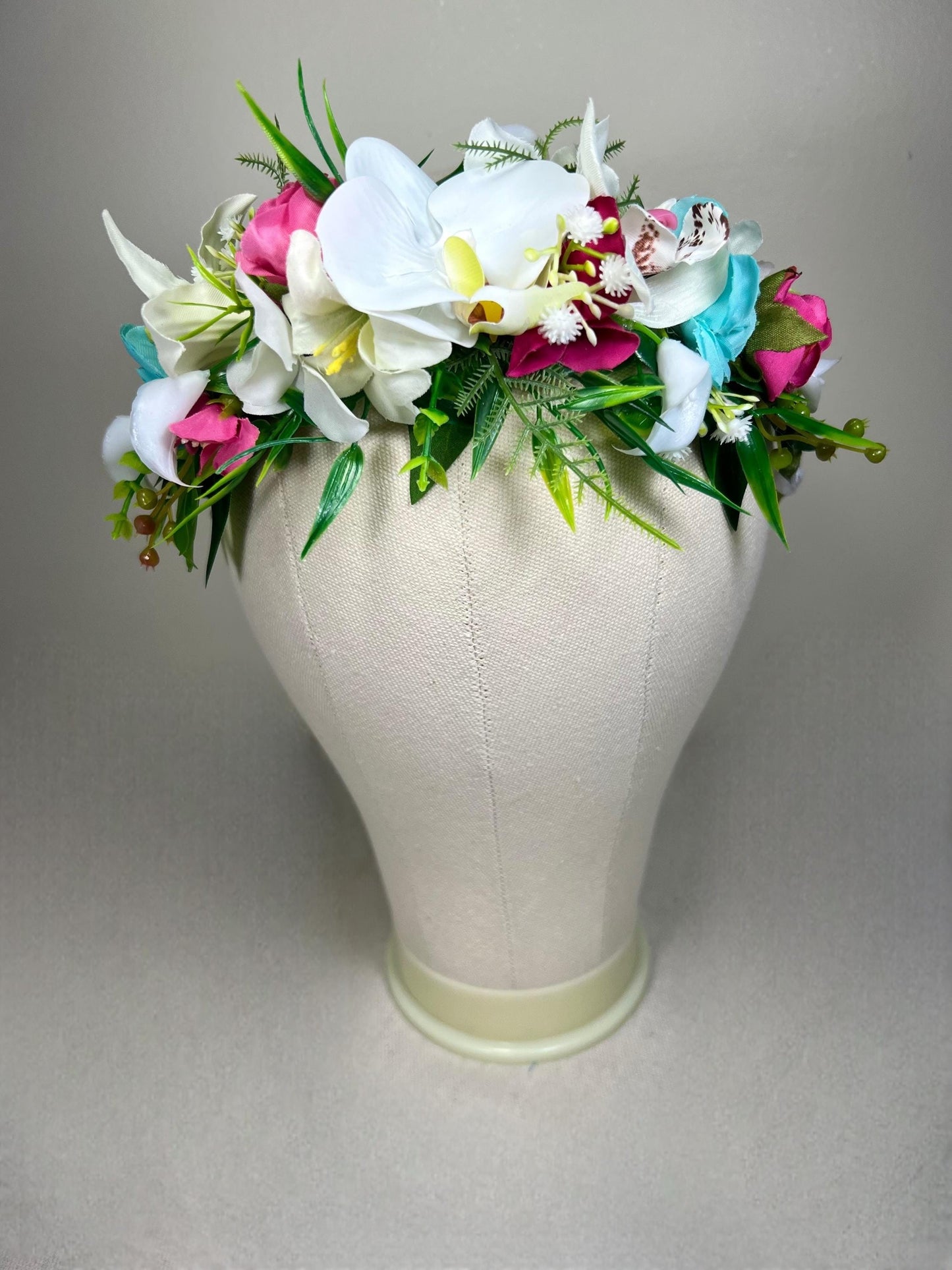 White Tropical Flower Crown Wedding Orchid Hot Pink Turquoise Bridal Headband Fuchsia White Beach Flower Crown Wreath Artificial Flower