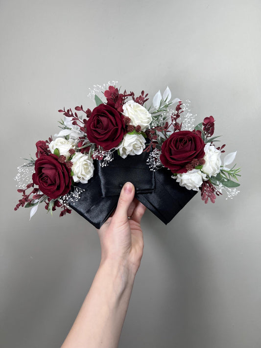 Burgundy White Pocket Boutonniere Wedding Groom Wine Red Ivory Wintwr Square Boutonnière Groomsmen Maroon Baby Breath Artificial Flowers