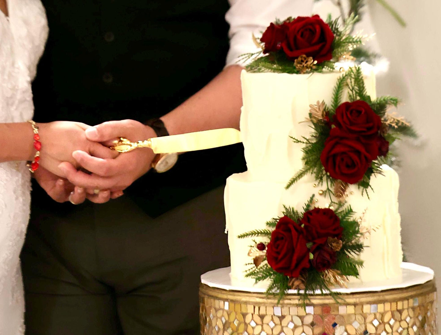 Christmas Cake Decoration Wedding Burgundy Cake Artificial Flowers Wine Red Gold Pine Cones Evergreen Cake Arrangement Decor Silk Flowers