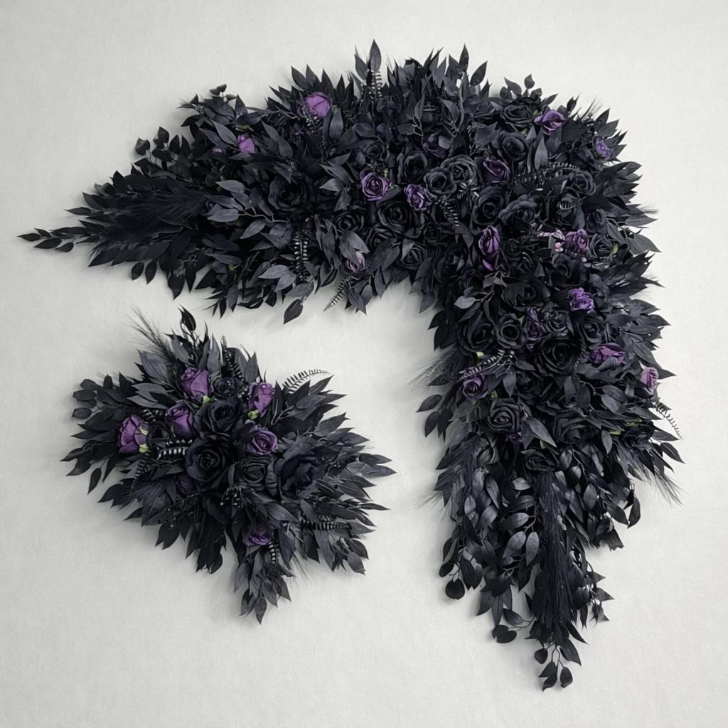 Black Plum Arch Arrangement Curved Wedding Gothic Black Decor Arbor Arrangement Circle Dark Purple Decor Swag Halloween Artificial Flowers