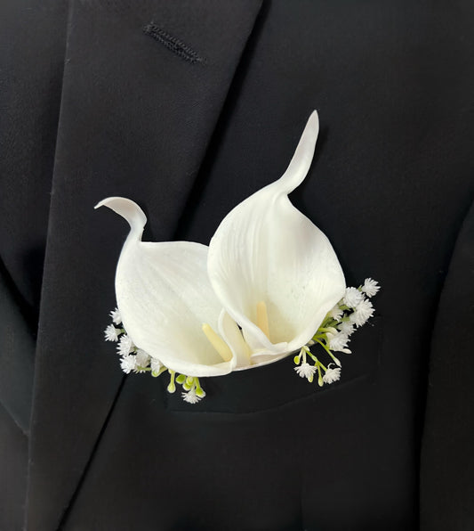 Calla Lily Pocket Boutonnière Wedding Groom White Calla Lilies Square Boutonnière Groomsmen Ivory Baby Breath Real Touch Artiticial Flower