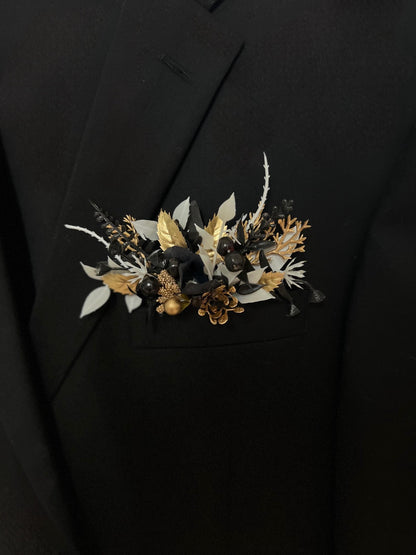 Black Gold White Pocket Boutonniere Wedding Groom Square Boutonnière Black Gothic Groomsmen Men Accessory Prom Artificial Flowers