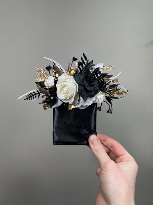 Black White Pocket Boutonniere Wedding Groom Square Boutonnière Black Gold Gothic Groomsmen Men Accessory Prom Artificial Flowers