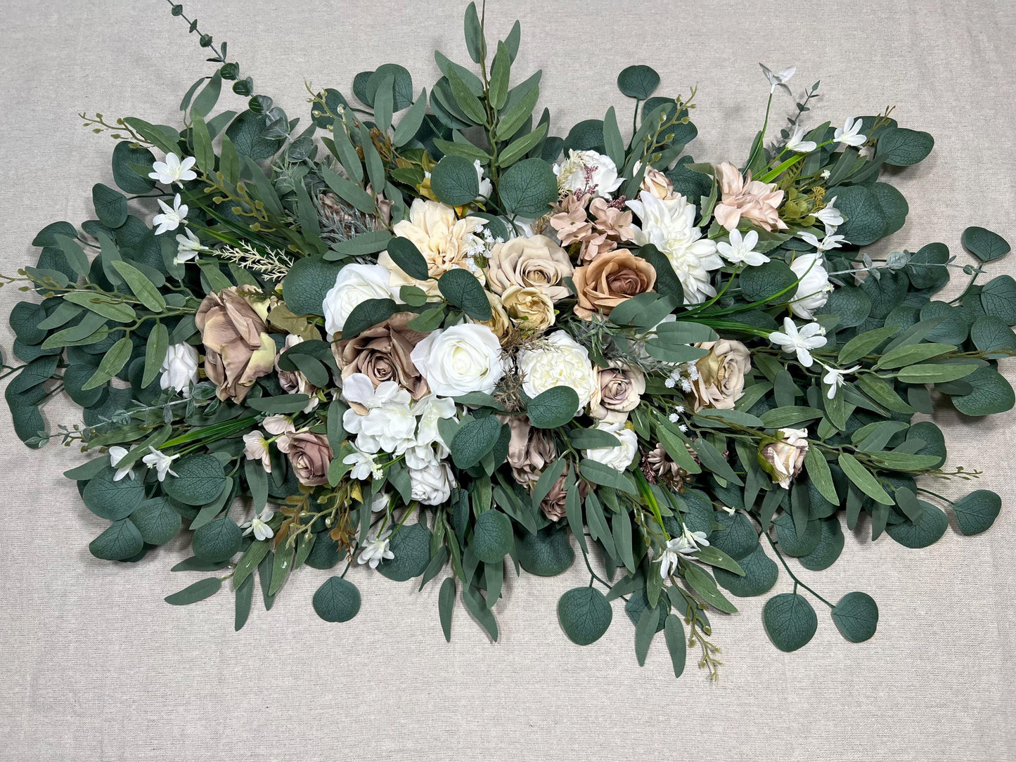 White Taupe Arch Arrangements Wedding Ivory Soft Brown Arbor Arrangements Eucalyptus Sage Green Beige Neutral Earthy Tones Artificial Flower