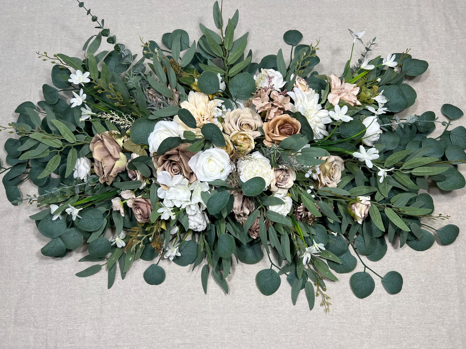 White Taupe Arch Arrangements Wedding Ivory Soft Brown Arbor Arrangements Eucalyptus Sage Green Beige Neutral Earthy Tones Artificial Flower