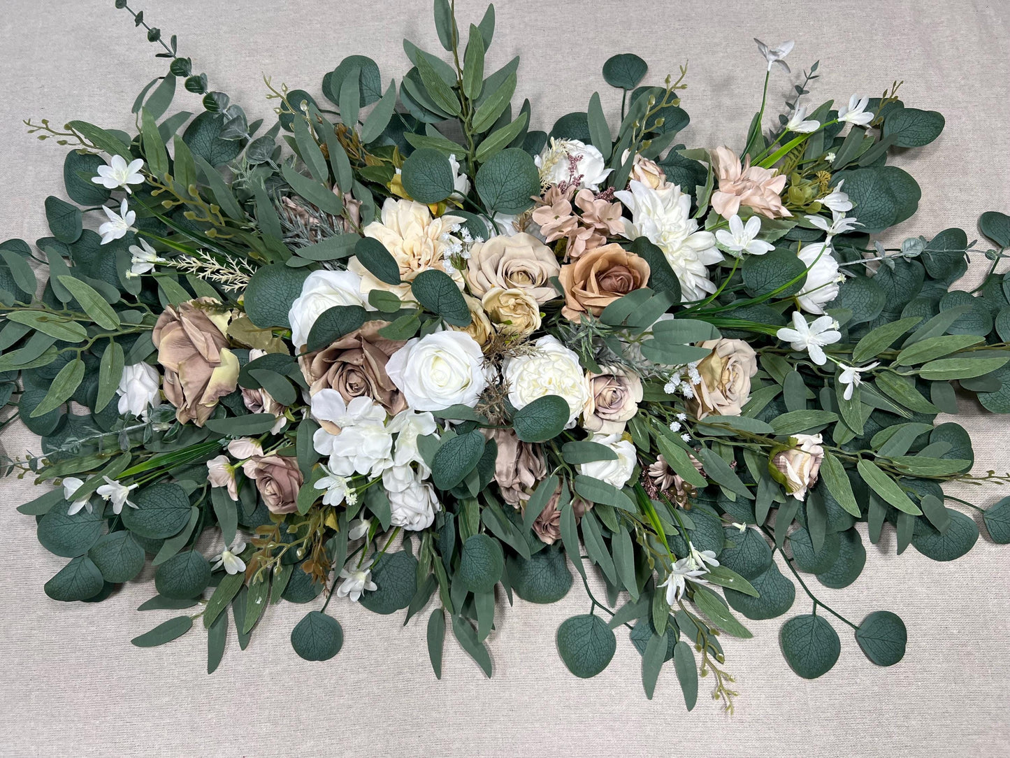 White Taupe Arch Arrangements Wedding Ivory Soft Brown Arbor Arrangements Eucalyptus Sage Green Beige Neutral Earthy Tones Artificial Flower