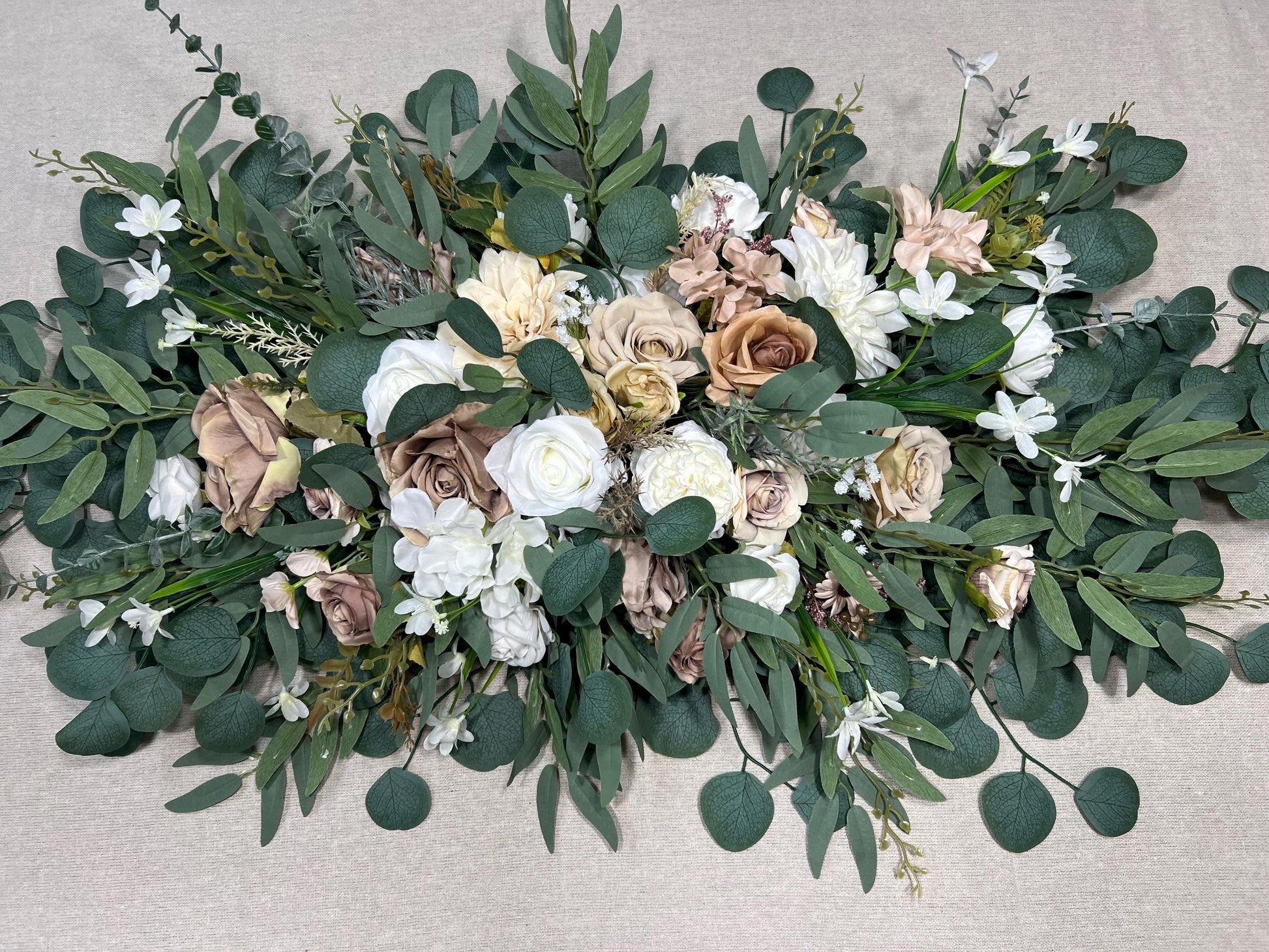 White Taupe Arch Arrangements Wedding Ivory Soft Brown Arbor Arrangements Eucalyptus Sage Green Beige Neutral Earthy Tones Artificial Flower