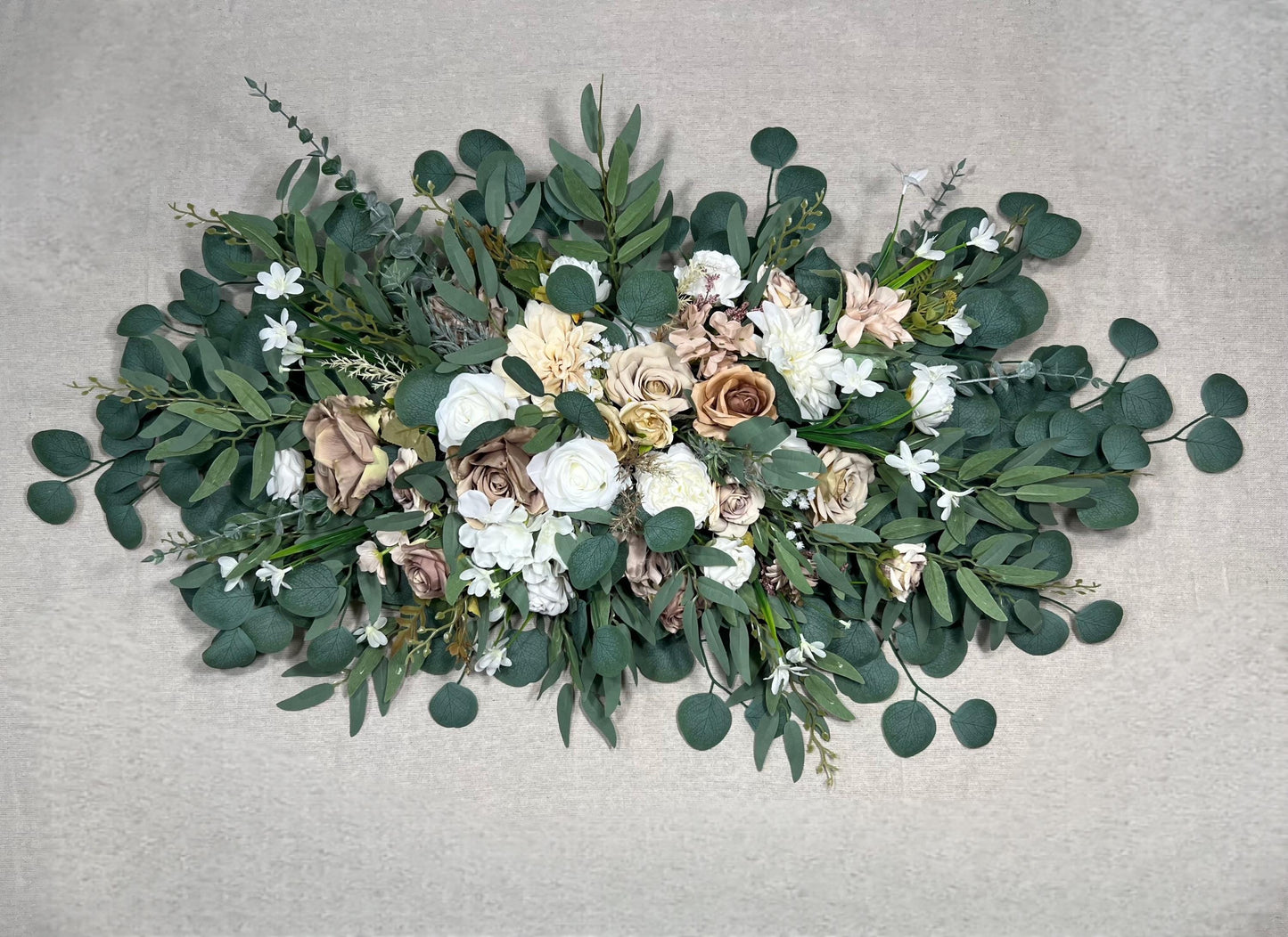 White Taupe Arch Arrangements Wedding Ivory Soft Brown Arbor Arrangements Eucalyptus Sage Green Beige Neutral Earthy Tones Artificial Flower