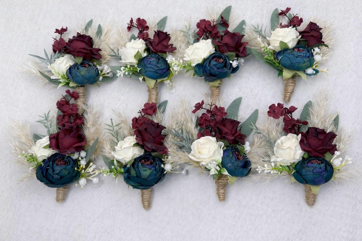Teal Burgundy Boutonnière Wedding Groom Boho Dark Teal White Maroon Boutonniere Groomsmen Pampas Grass Teal Blue Eucalyptus Artificial