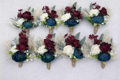 Teal Burgundy Boutonnière Wedding Groom Boho Dark Teal White Maroon Boutonniere Groomsmen Pampas Grass Teal Blue Eucalyptus Artificial