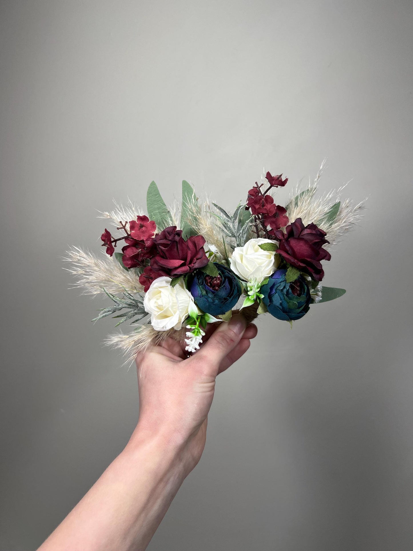 Teal Burgundy Boutonnière Wedding Groom Boho Dark Teal White Maroon Boutonniere Groomsmen Pampas Grass Teal Blue Eucalyptus Artificial