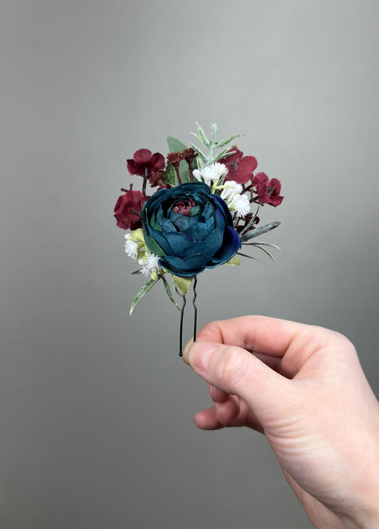Teal Burgundy Hair Pin Wedding Hair Accessories Teal Blue Wine Red Baby Breath Bridal Hair Pins Bridesmaids Dark Teal Artiricial Flowers