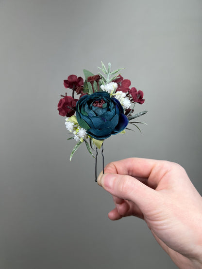Teal Burgundy Hair Pin Wedding Hair Accessories Teal Blue Wine Red Baby Breath Bridal Hair Pins Bridesmaids Dark Teal Artiricial Flowers