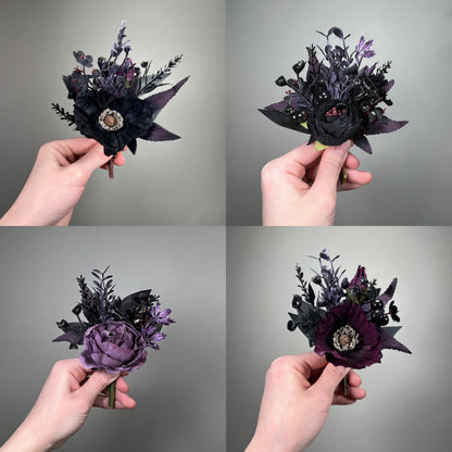Black Plum Boutonniere Wedding Groom Black Dark Purple Pin Boutonniere Gothic Groomsmen Poppy Moody Artificial Flowers Lapel Men Accessories