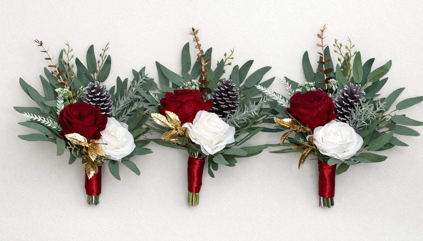 Christmas Bouquet White Red Wedding Bridesmaids Petite Bouquet Flower Girl Pine Cones Gold Winter Ivory Dark Red Artificial Flowers