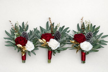 Christmas Bouquet White Red Wedding Bridesmaids Petite Bouquet Flower Girl Pine Cones Gold Winter Ivory Dark Red Artificial Flowers Reddit