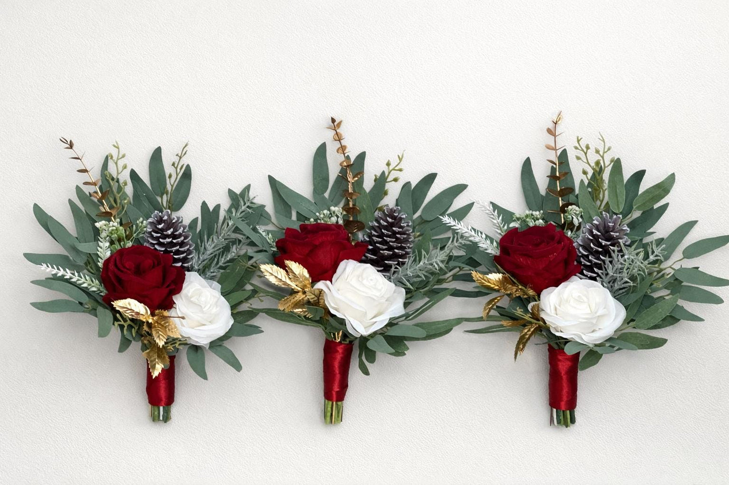 Christmas Bouquet White Red Wedding Bridesmaids Petite Bouquet Flower Girl Pine Cones Gold Winter Ivory Dark Red Artificial Flowers