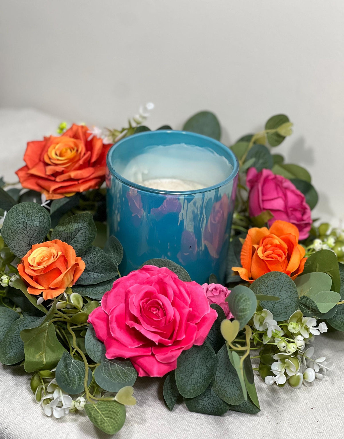 Wreath Centerpiece Wedding Hot Pink Orange Eucalyptus Candle Garland Wreath Lantern Ring Greenery Sage Green Fuchsia Burnt Orange Artificial