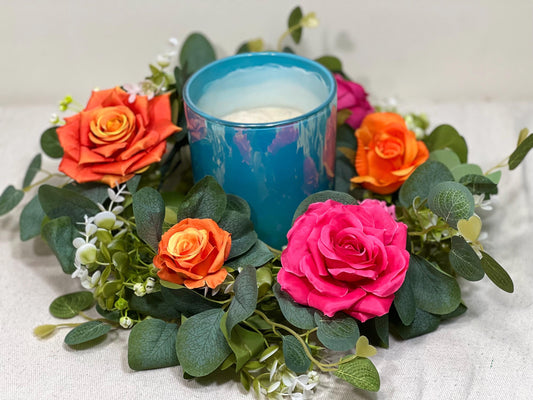 Wreath Centerpiece Wedding Hot Pink Orange Eucalyptus Candle Garland Wreath Lantern Ring Greenery Sage Green Fuchsia Burnt Orange Artificial
