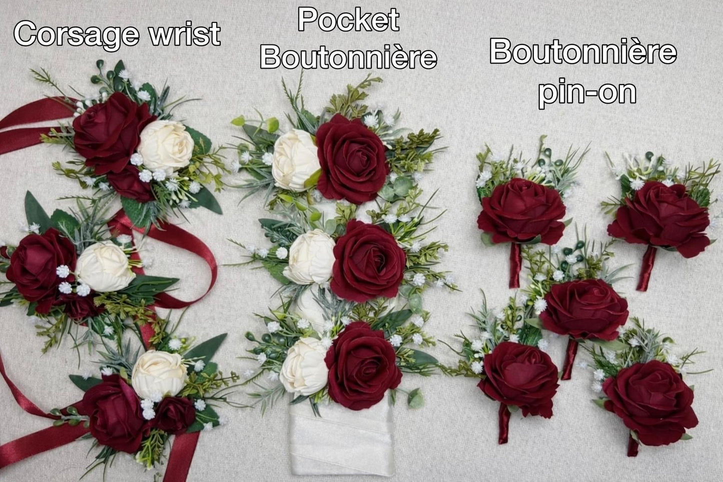 Burgundy Pocket Boutonniere Wedding Ivory Groom Square Boutonnière Cream Wine Red Rose Eucalyptus Baby Breath Groomsmen Men Accessories