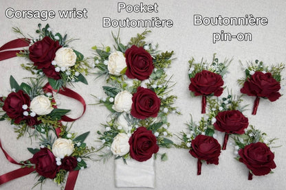 Burgundy Pocket Boutonniere Wedding Ivory Groom Square Boutonnière Cream Wine Red Rose Eucalyptus Baby Breath Groomsmen Men Accessories