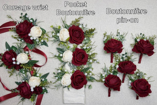 Burgundy Pocket Boutonniere Wedding Ivory Groom Square Boutonnière Cream Wine Red Rose Eucalyptus Baby Breath Groomsmen Men Accessories