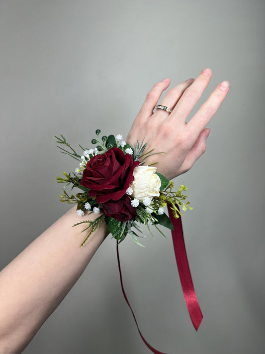 Burgundy Ivory Corsage Wedding Maroon Bridesmaids Cream Wristlet Corsage Wrist Rustic Greenery Baby Breath Wine Red Artificial Flowers