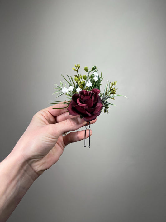 Burgundy Hair Pin Wedding Rustic Hair Accessories Wine Red Greenery Eucalyptus Baby Breath Wine Red Hair Pin Maroon Artificial Flowers