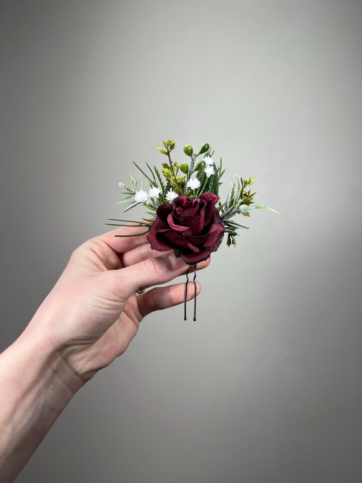 Burgundy Hair Pin Wedding Rustic Hair Accessories Wine Red Greenery Eucalyptus Baby Breath Wine Red Hair Pin Maroon Artificial Flowers