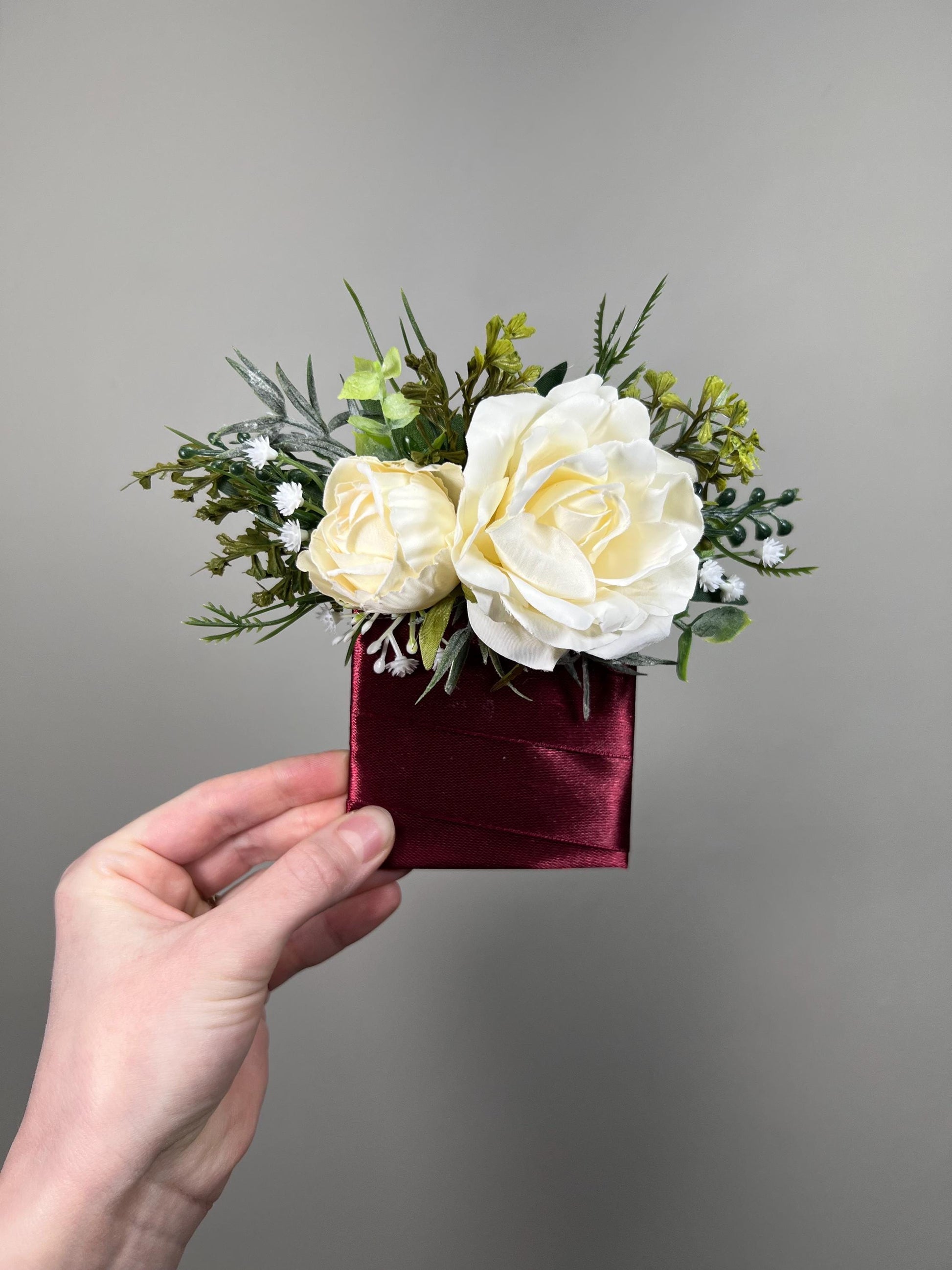 Ivory Pocket Boutonnière Wedding Rustic Groom Champagne Square Boutonnière Groomsmen Eucalyptus Greenery Cream Off White Artificial Flower