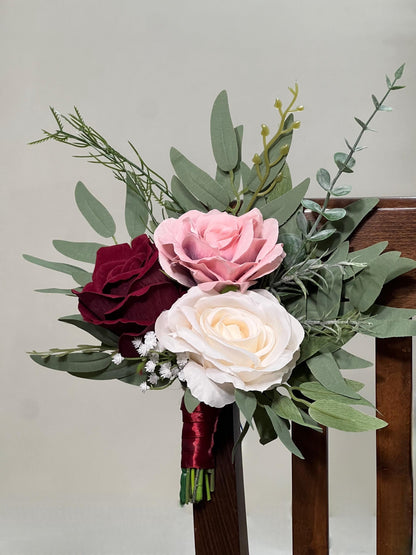 White Burgundy Pink Pew Decor Chair Wedding Ivory Aisle Flowers Blush Dusty Rose Aisle Arrangement Ceremony Decor Eucalyptus Artificial