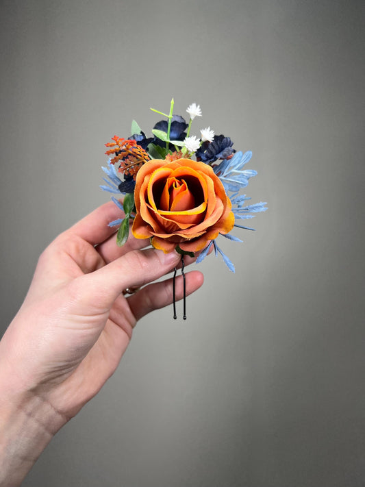 Terracotta Navy Blue Hair Pin Wedding Dusty Blue Burnt Orange Hair Accessories Bridal Rust Baby Breath Eucalyptus Artificial Flowers