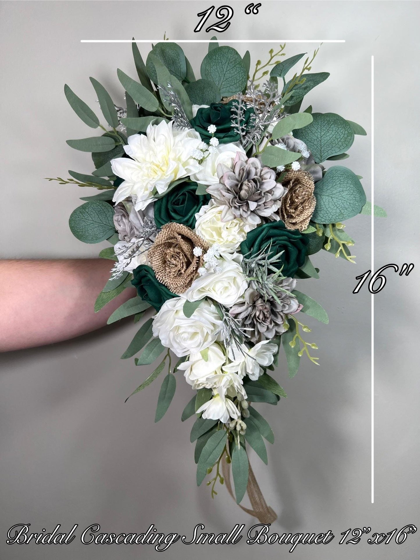 Emerald Green Cascading Bridal Bouquet Burlap Roses Vintage Jute Bouquet Rustic Grey Bridesmaids Cascade White Hunter