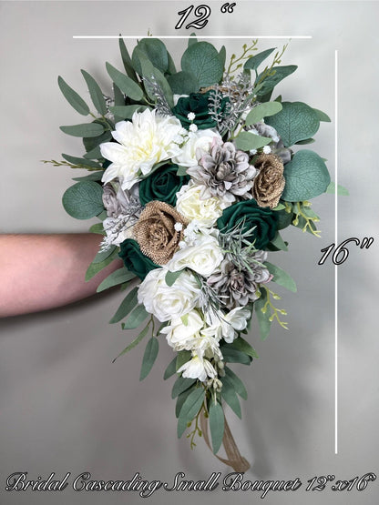 Emerald Green Cascading Bridal Bouquet Burlap Roses Vintage Jute Bouquet Rustic Grey Bridesmaids Cascade White Hunter