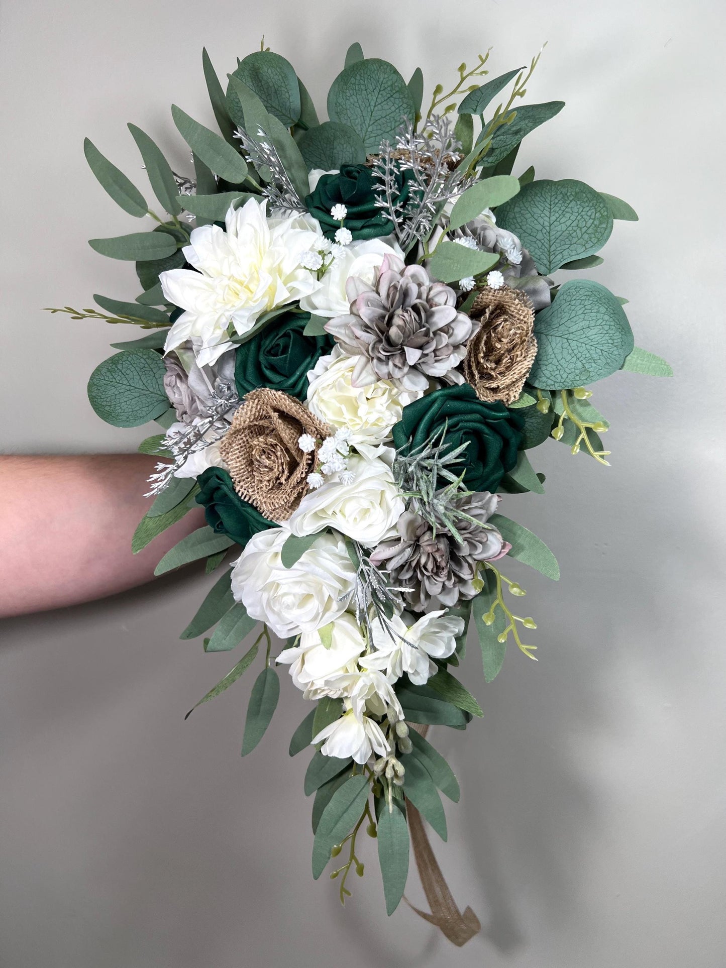 Emerald Green Cascading Bridal Bouquet Burlap Roses Vintage Jute Bouquet Rustic Grey Bridesmaids Cascade White Hunter