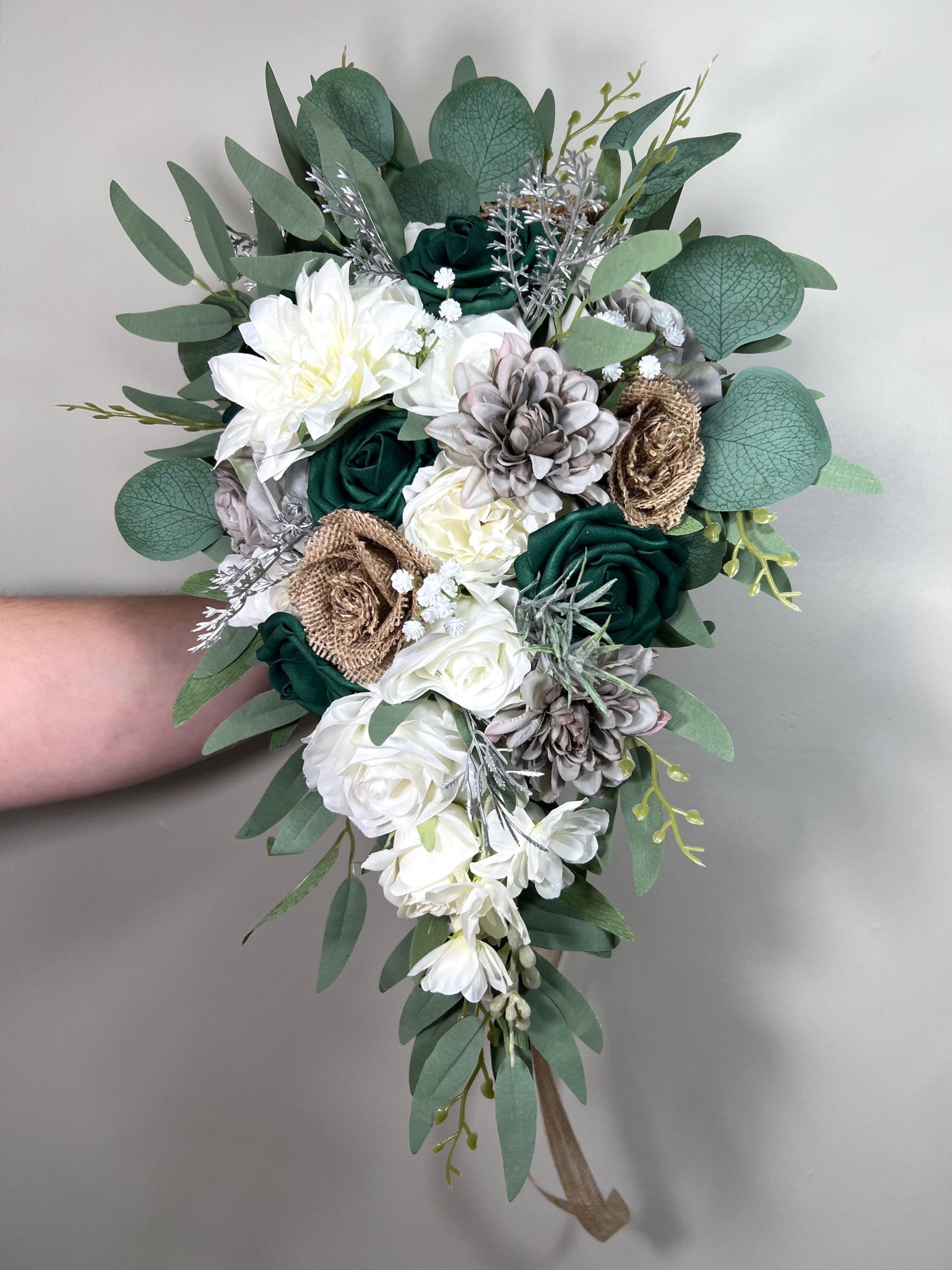 Emerald Green Cascading Bridal Bouquet Burlap Roses Vintage Jute Bouquet Rustic Grey Bridesmaids Cascade White Hunter