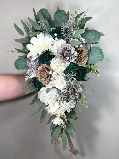 Emerald Green Cascading Bridal Bouquet Burlap Roses Vintage Jute Bouquet Rustic Grey Bridesmaids Cascade White Hunter