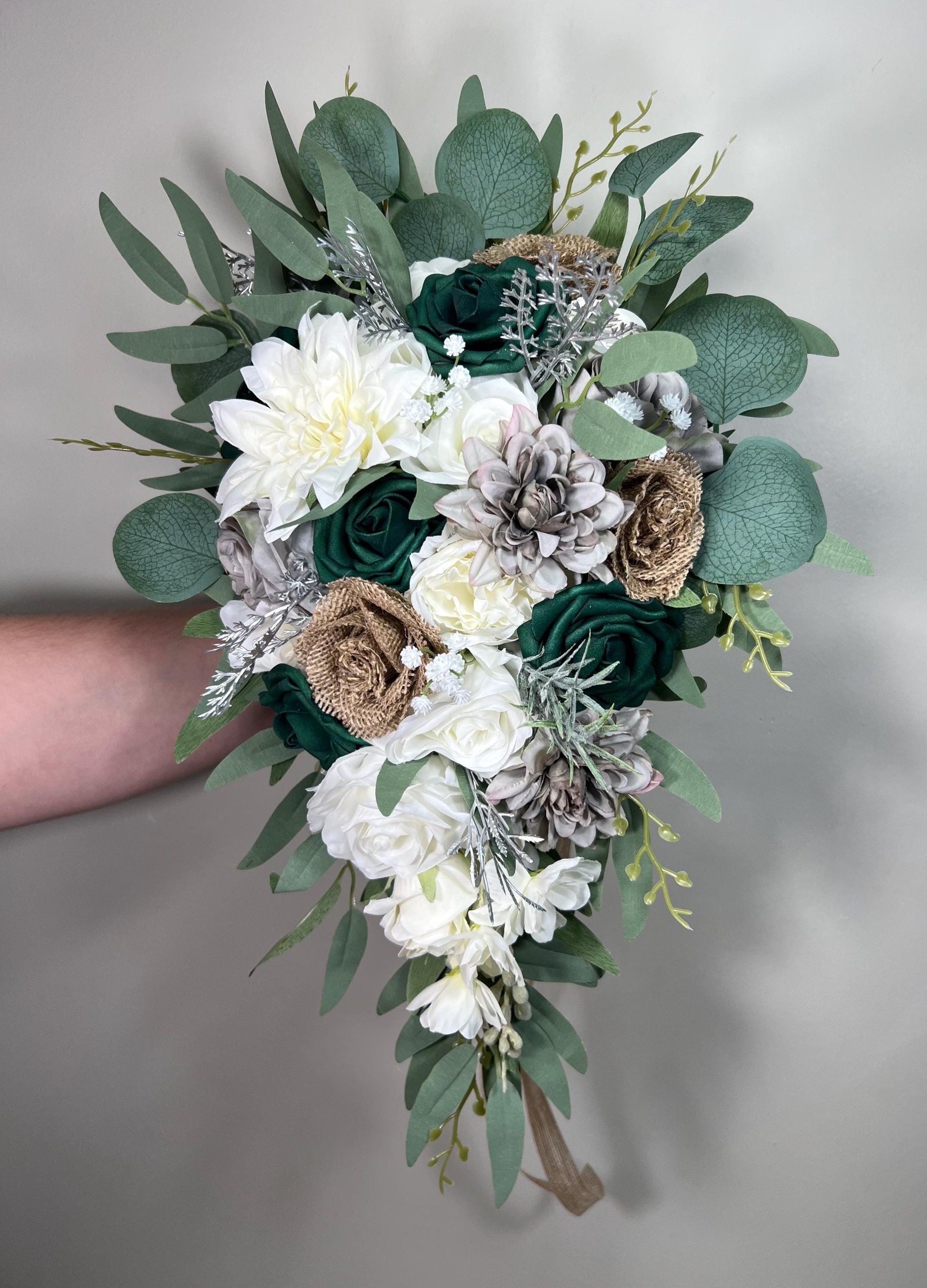 Emerald Green Cascading Bridal Bouquet Burlap Roses Vintage Jute Bouquet Rustic Grey Bridesmaids Cascade White Hunter